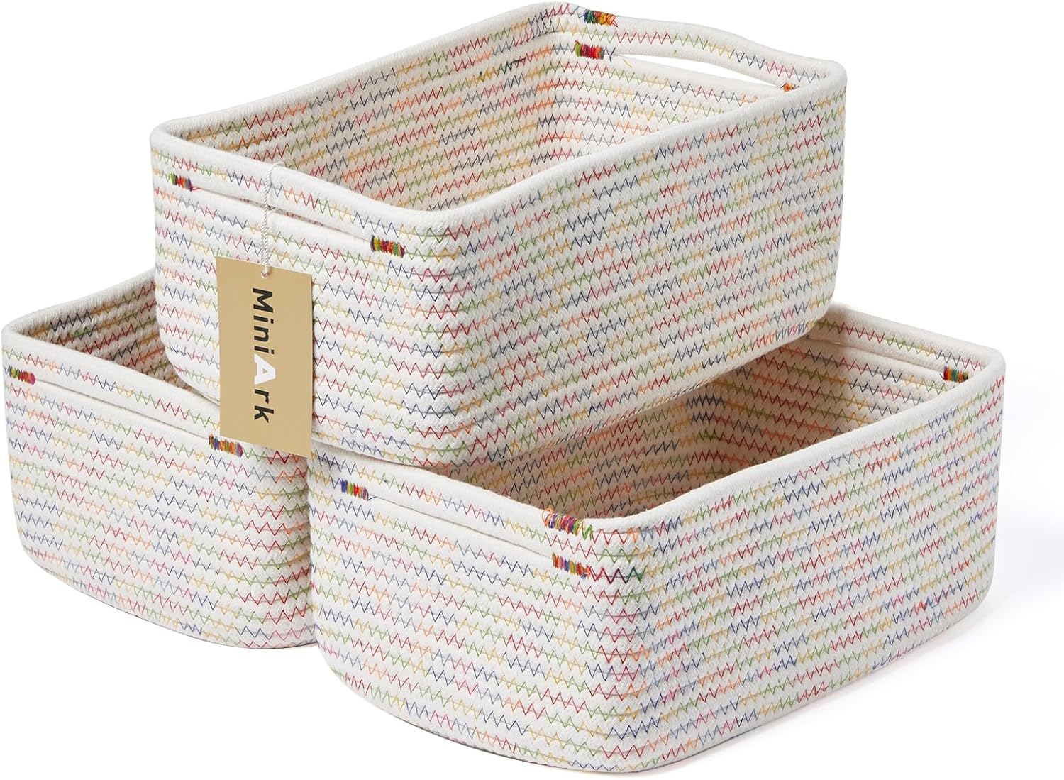 Small Storage Baskets for Organizing | Closet Organizer Bins | Shelf Toy Basket | Woven Rope Baskets | Cube Decorative Box | Shallow Basket | 13x8.5x5.1” | 3 Packs Rainbow