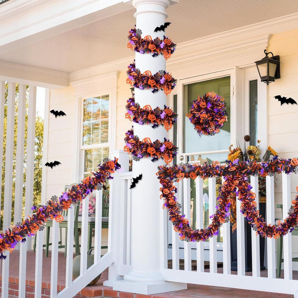 Halloween Tinsel Garland Decorations, 36.75 Ft Shiny Metallic Halloween Hanging Decorations with Pumpkin Bat Spider Web, Purple and Orange Tinsel Garland for Outdoor Indoor Home Tree Party Decor