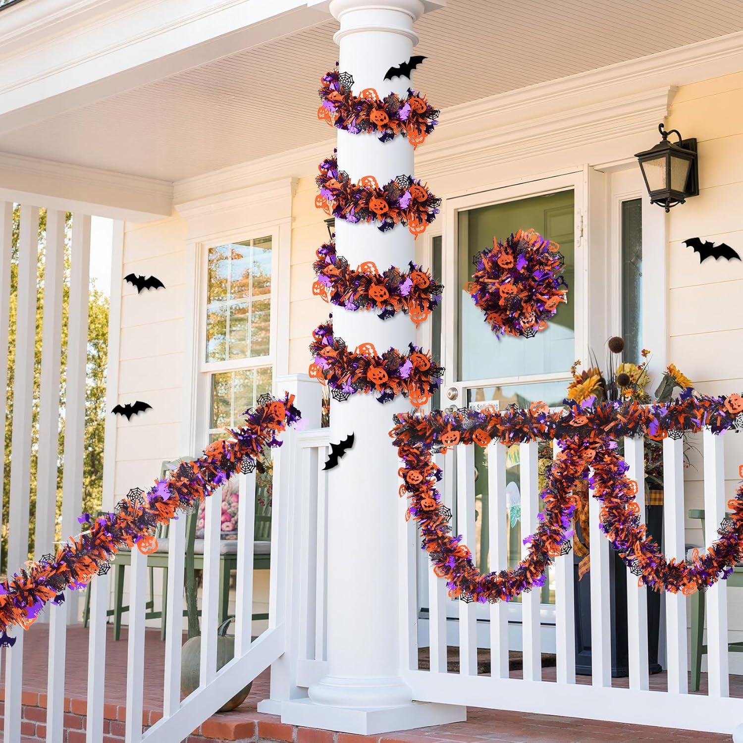 Halloween Tinsel Garland Decorations, 36.75 Ft Shiny Metallic Halloween Hanging Decorations with Pumpkin Bat Spider Web, Purple and Orange Tinsel Garland for Outdoor Indoor Home Tree Party Decor