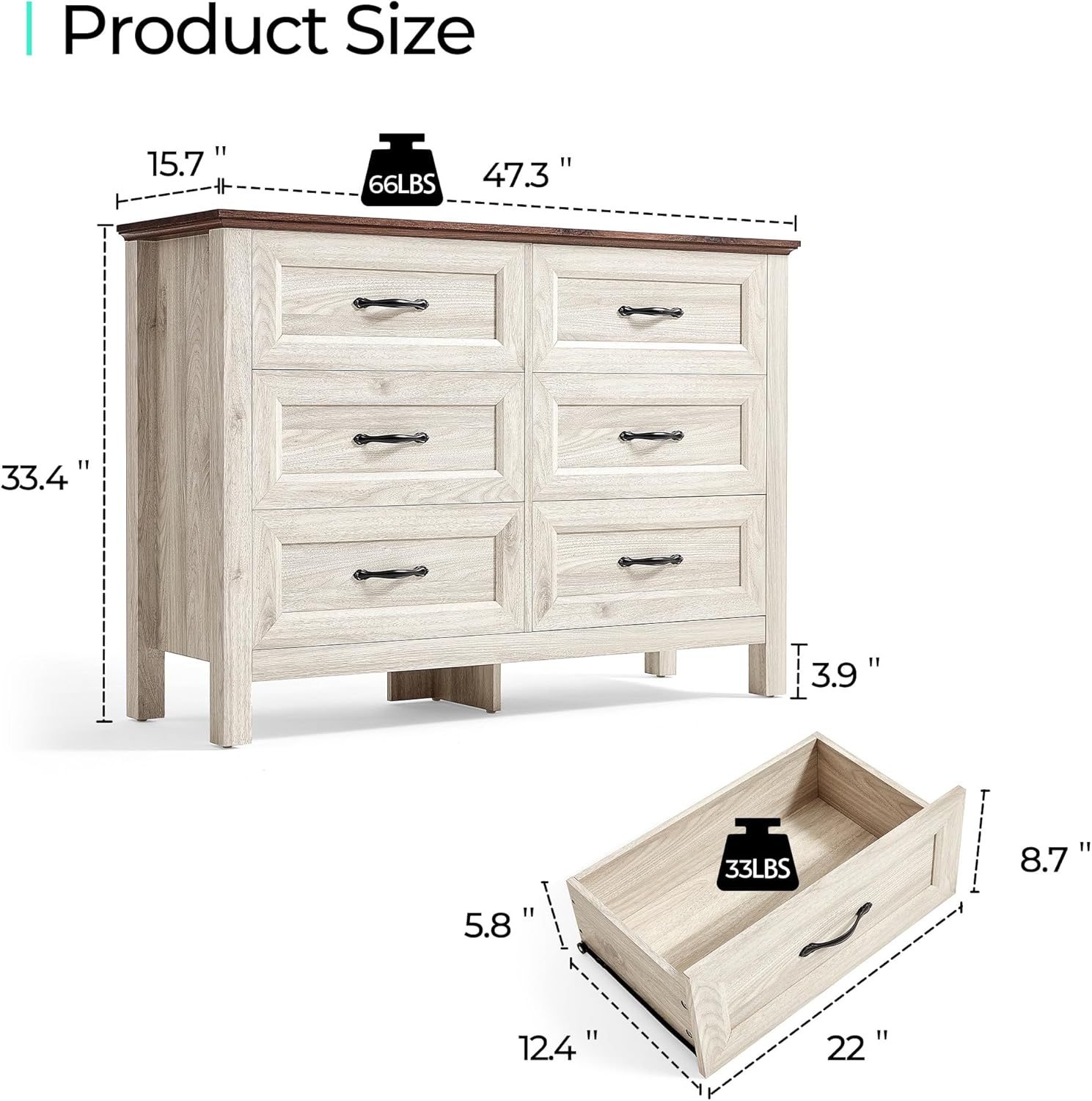 LINSY HOME Farmhouse 6 Drawers Dresser, White Wood Dresser for Bedroom Wide Chest of Drawers, French Country Storage Double Dressers Organizer for Bedroom, Living Room
