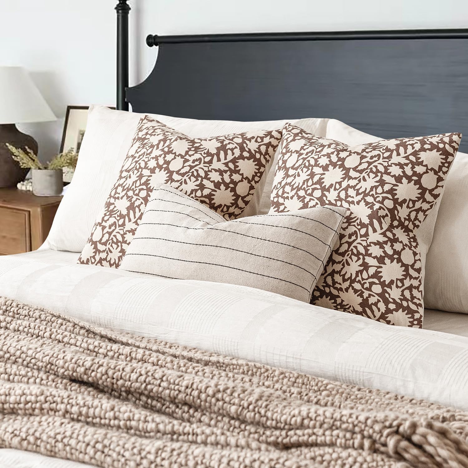 Foindtower Set of 2 Decorative Neutral Floral Throw Pillow Covers Accent Farmhouse Cushion Covers Boho Vintage Pillowcase for Couch Sofa Bedroom Living Room Home Decor Outdoor,24×24 Inch,Brown