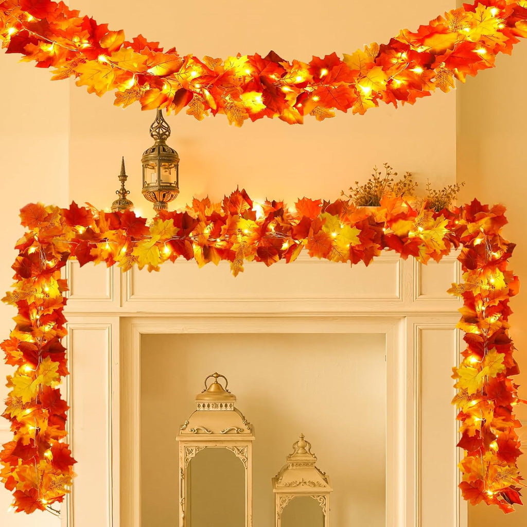 Joyhalo 2 Pack Fall Garland with Lights, Fall Leaves for Mantle, Outdoor Lighted Up Leaf Garland Autumn Decor with 6.5FT LED String Lights, Hanging Maple Leaves for Door, Thanksgiving Decor