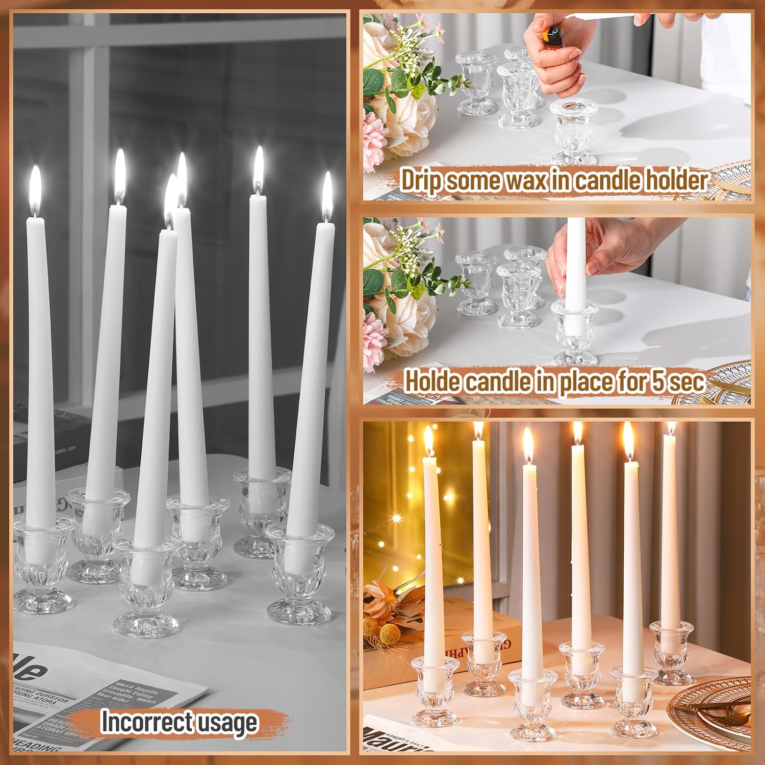 144 Pcs Glass Taper Candle Holders Bulk 2. 5 Inch Clear Candlestick Holder with Long Tapered Candles Candle Sticks Set for Table Centerpiece Wedding Christmas Party Decoration