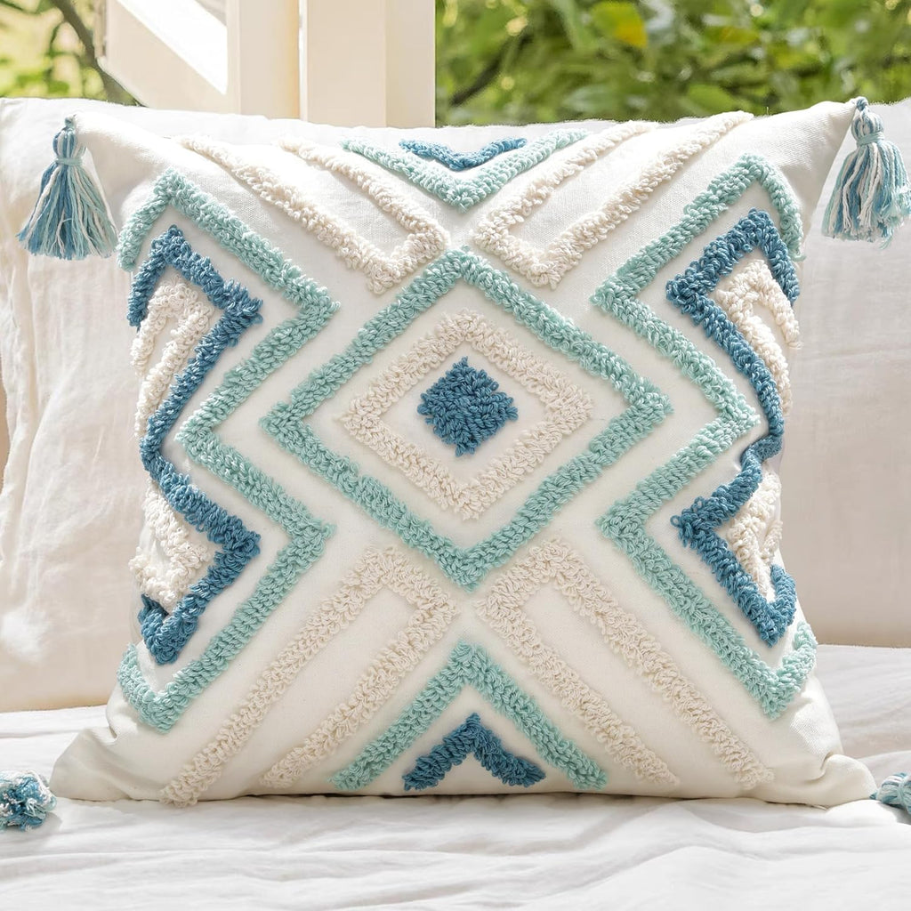 Boho Pillow Covers 20X20 Inch Boho Tufted Throw Pillow Covers Decorative Tassels Cushion Cover Farmhouse Pillow Case for Couch Sofa Bed Living Room Bedroom, Teal
