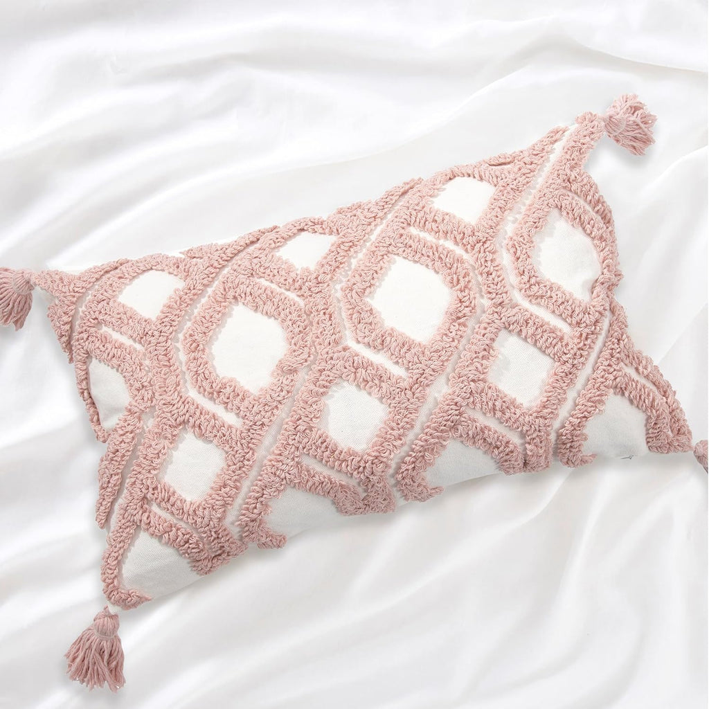 Boho Pillow Covers 12X20 Inch Boho Tufted Throw Pillow Covers Decorative Tassels Cushion Cover Farmhouse Pillow Case for Couch Sofa Bed Living Room Bedroom, Blush