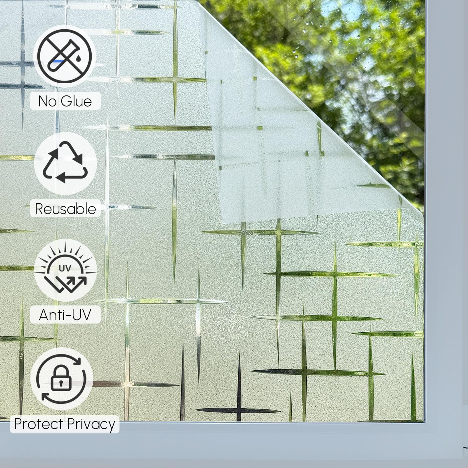 HIDBEA Window Privacy Film, Decorative Staic Cling Frosting Film, Heat Control UV Blocking Non-Adhesive Window Sticker for Home, Cross Pattern,29.5 X 78.7 Inches