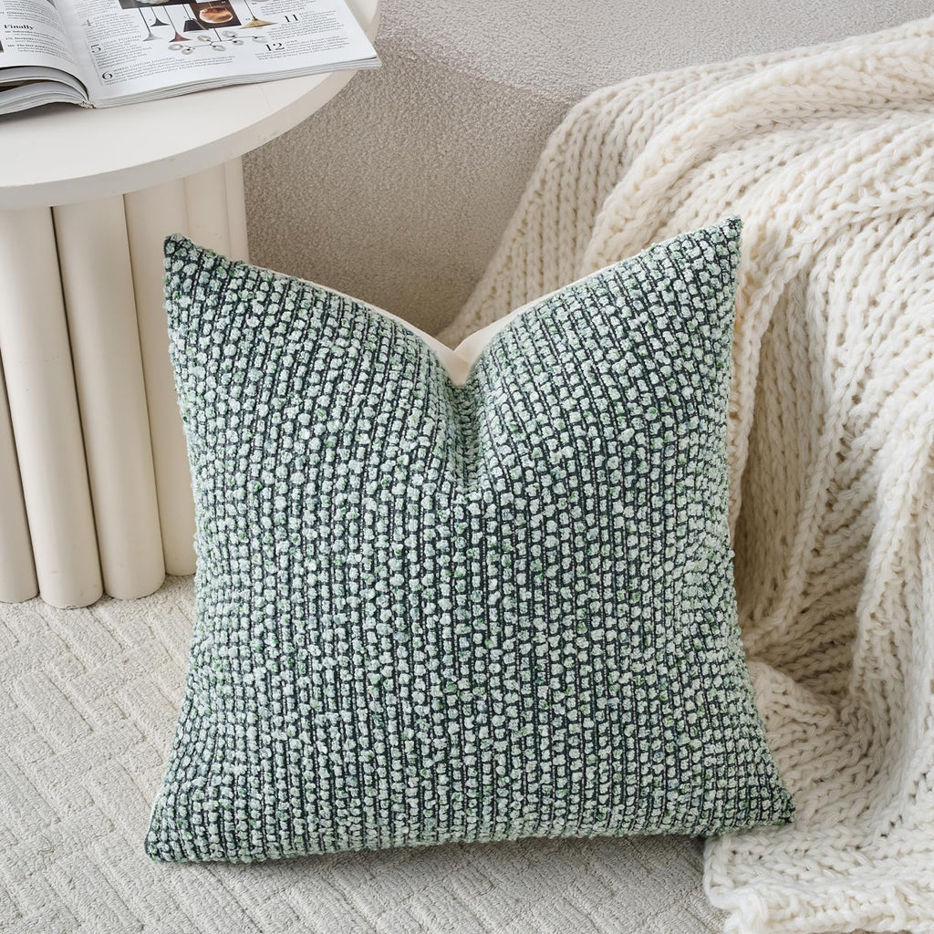 Striped Throw Pillow Covers 16x16 Set of 2 Green Textured Boucle Chic Morden Boho Accent Farmhouse Square Decorative Couch Pillow Covers for Home Decor Bed Sofa Living Room