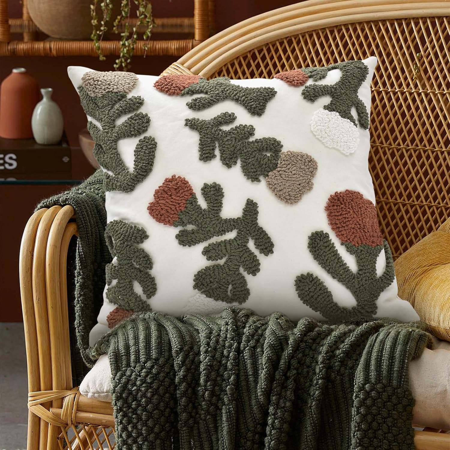 Boho Pillow Covers 18X18 Inch Boho Tufted Throw Pillow Covers Decorative Tassels Cushion Cover Farmhouse Pillow Case for Couch Sofa Bed Living Room Bedroom, Rust Floral