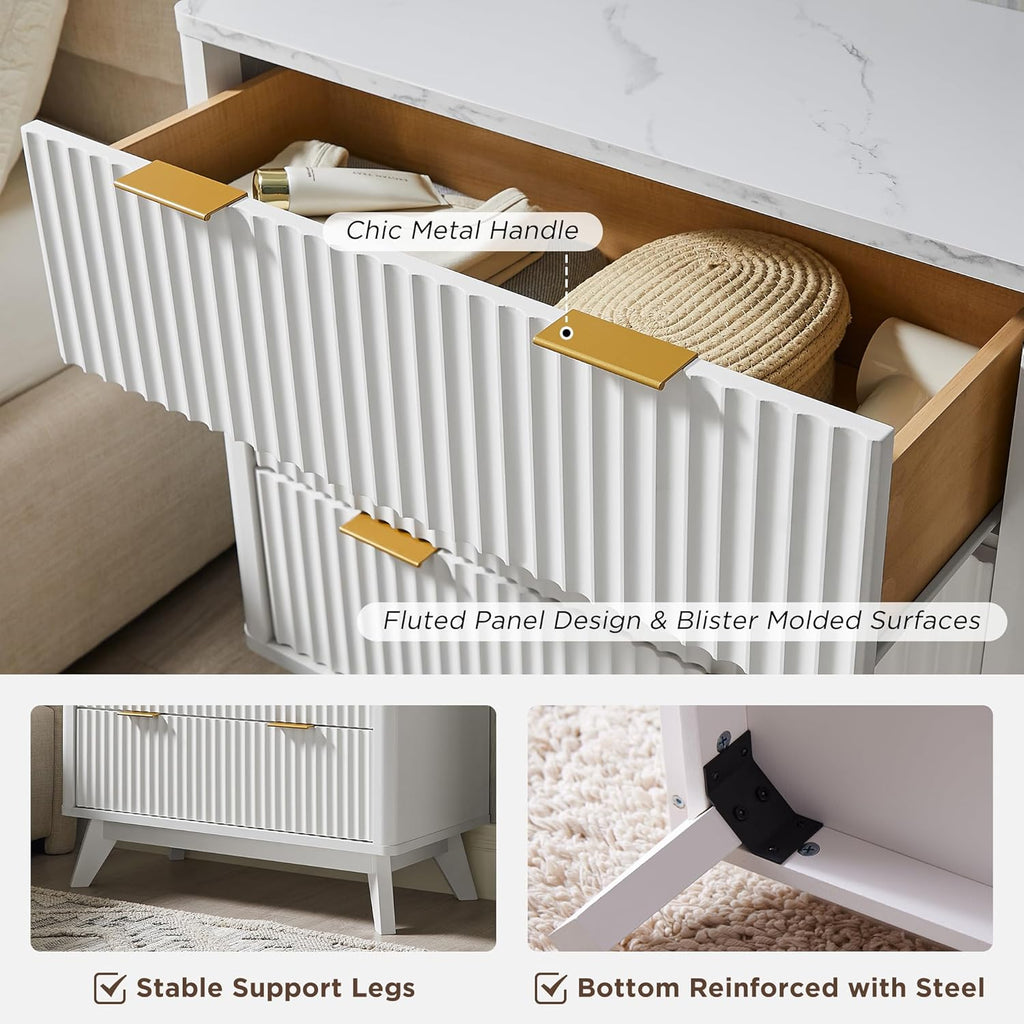 T4TREAM 32" Tall Fluted Nightstand, Modern Side Table with Faux Marble Top, 3 Drawers End Table w/Storage, Bedside Table for Bedroom, Living Room, Curved Profile Design, Solid White