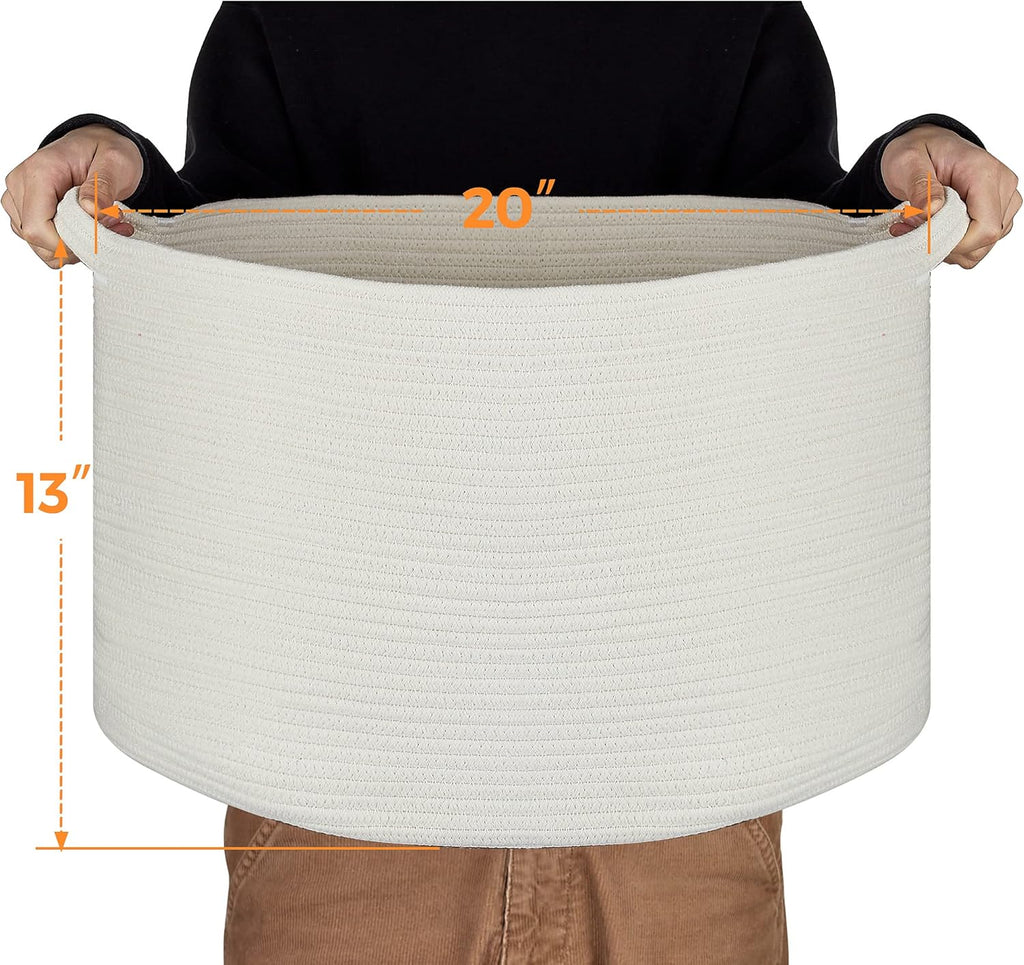 Ravinte Blanket Basket - 20"x 20"x 13" Cotton Rope Basket for Living Room, Baby Toy Storage Basket, Large Woven Laundry Basket (White)