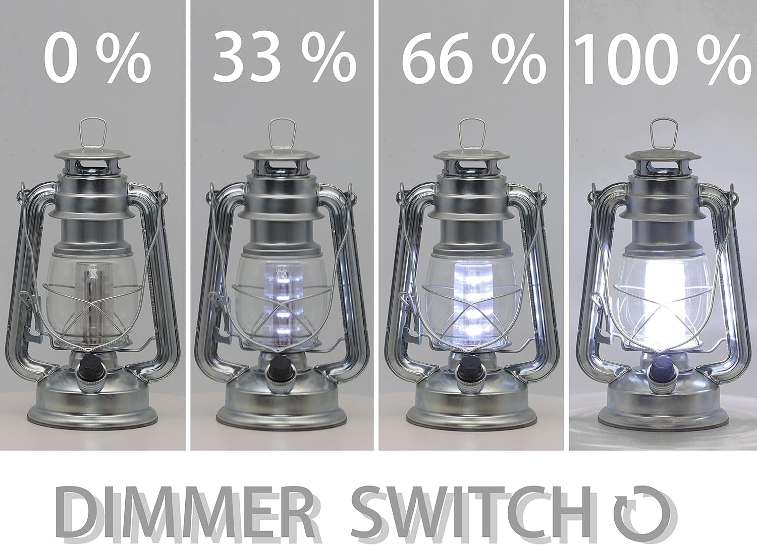 YAKii LED Vintage Lantern Metal Hanging Hurricane 12 LED Dimmer Switch Cold White Battery Operated Power Outage Indoor Camping Lighting Outdoor Brooklyn (Silver 2 Pack)