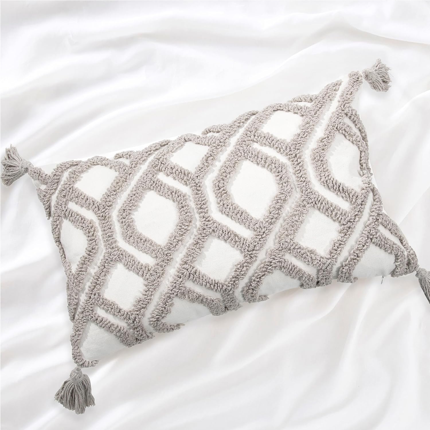 Boho Pillow Covers 12X20 Inch Boho Tufted Throw Pillow Covers Decorative Tassels Cushion Cover Farmhouse Pillow Case for Couch Sofa Bed Living Room Bedroom, Taupe
