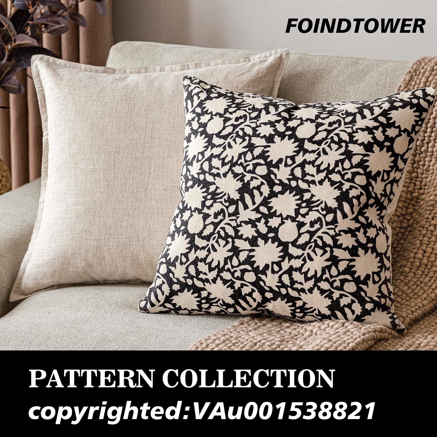Foindtower Set of 2 Decorative Neutral Floral Throw Pillow Covers Accent Farmhouse Cushion Covers Boho Vintage Pillowcase for Couch Sofa Bedroom Living Room Home Decor Outdoor20×20 Inch,Black