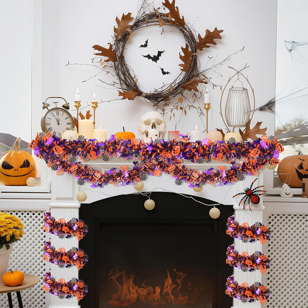 Halloween Tinsel Garland Decorations, 36.75 Ft Shiny Metallic Halloween Hanging Decorations with Pumpkin Bat Spider Web, Purple and Orange Tinsel Garland for Outdoor Indoor Home Tree Party Decor