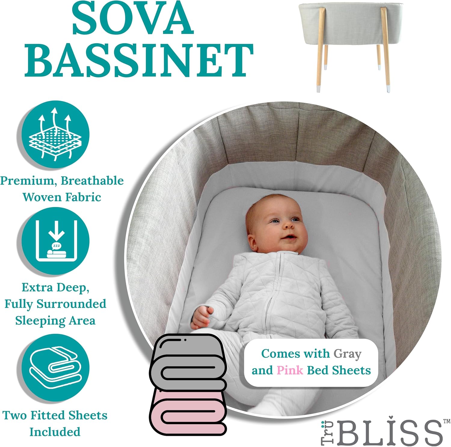 Sova Portable Baby Bassinet, Mid-Century Design with Extra Deep Walls for Newborns and Babies Safety, Includes 2 Fitted Sheets and Padded Mattress (Glacier Grey)