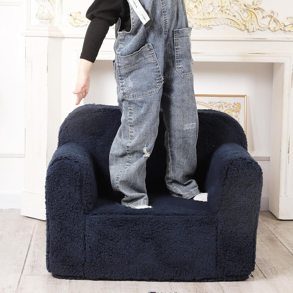 Kids Snuggly-Soft Sherpa Chair, Cuddly Toddler Foam Chair for Boys and Girls, Dark Blue