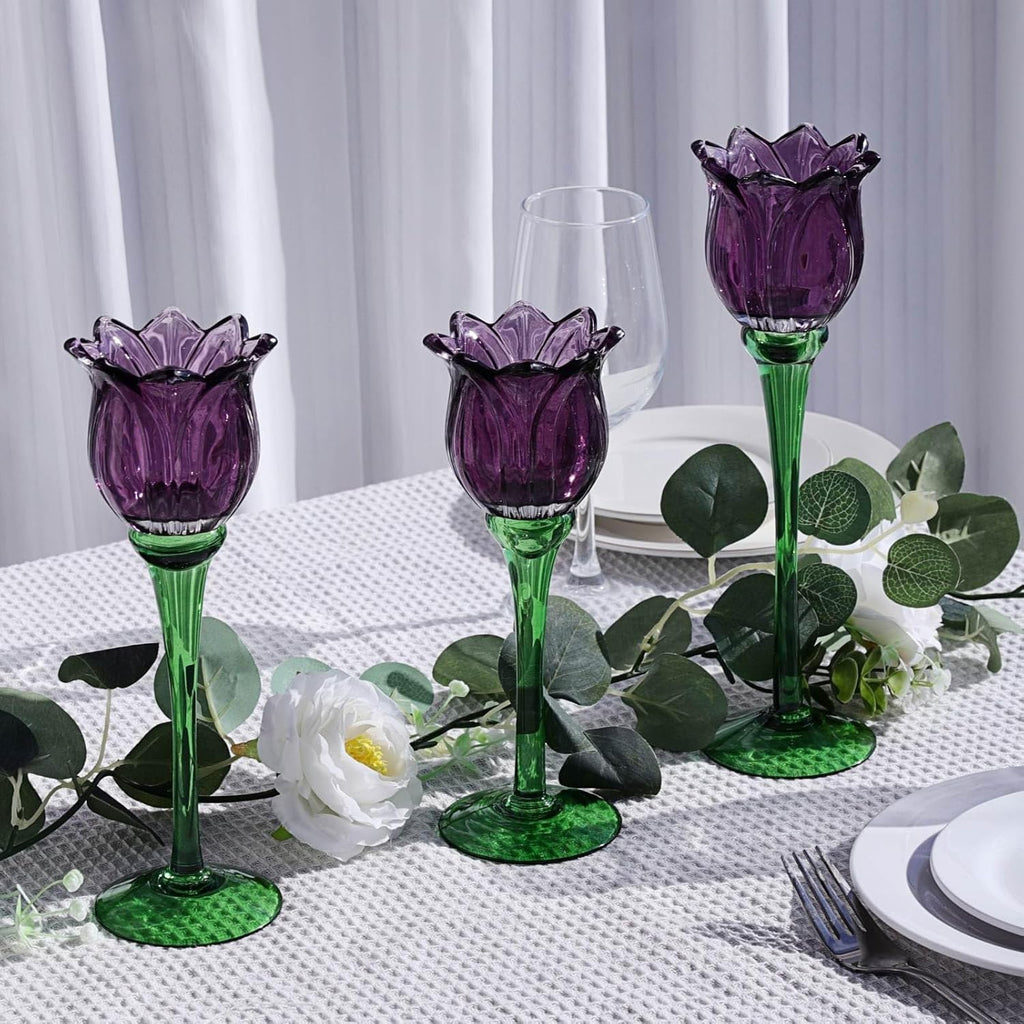VOHO Purple Tulip Tealight Candle Holder Set of 3, Glass, Purple, Floral, Holidays, Wedding, Romance, Easter, Halloween, Thanksgiving, Christmas, Anniversary & Engagement, Tabletop, 3.15'' x 10.83''