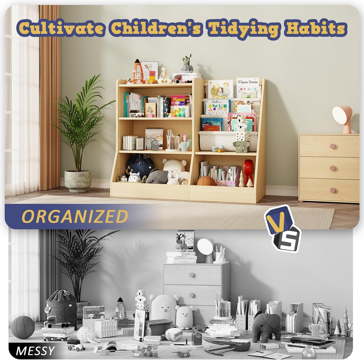 39" Large Kids Wooden Bookshelf and Toy Storage Organizer, Baby Bookcase with Sling Book Rack, Children Toddler Wooden Book Shelf for kids rooms, Playroom, Classroom, Nursery, School (Natural)