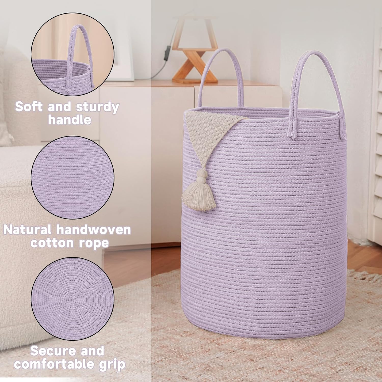 Large Woven Laundry Basket Hamper,80L Cotton Rope Storage Bin for Blankets,Toys and Clothes,Decorative Tall Nursery Hamper for Living Room,Baby Nursery,Bathroom and Bedroom,Purple
