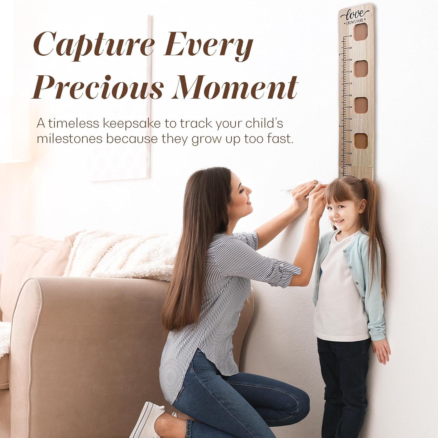 Wooden Growth Chart for Wall - Foldable Height Chart for Kids with Picture Slots - Milestone Tracker Measuring Board with Mounting Hooks - Easy Installation, Smooth Finish, Neutral Color