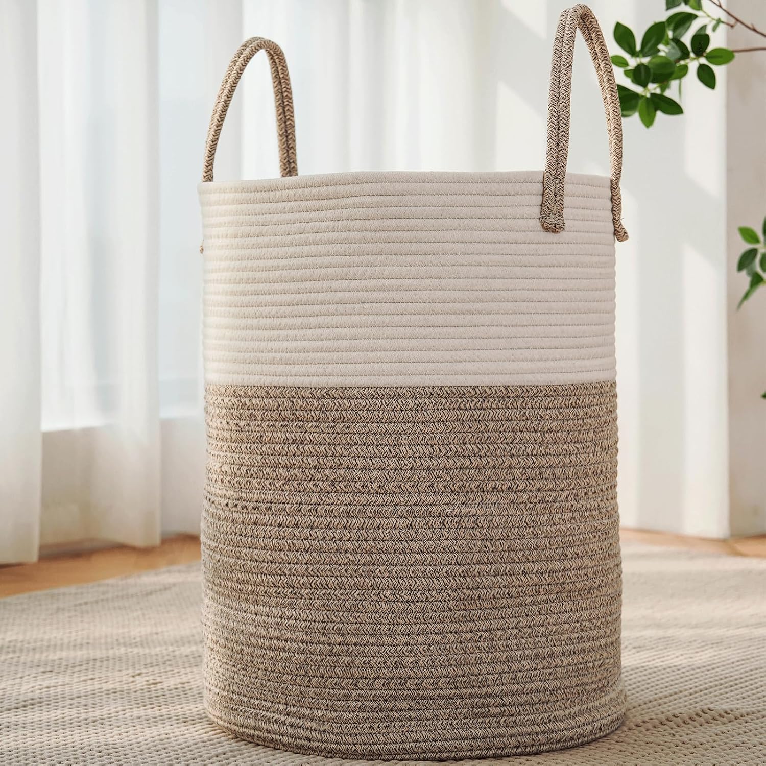 Large Woven Laundry Basket Hamper,80L Cotton Rope Storage Bin for Blankets,Toys and Clothes,Decorative Tall Nursery Hamper for Living Room,Baby Nursery,Bathroom and Bedroom,Brown