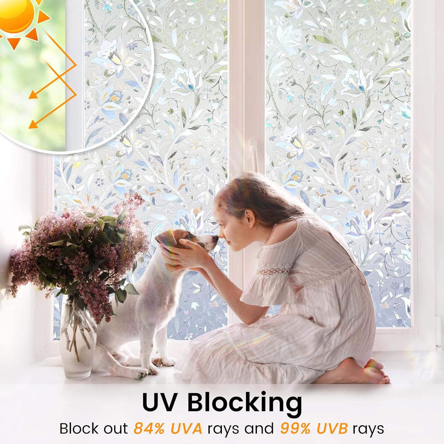 DOWELL Window Privacy Film, 3D Stained Glass Rainbow Films, Decorative Window Vinyl Sun Blocker Door Covering, Static Cling Non-Adhesive Glass Sticker for Home, Blooming Flowers, 23.6"x78.7"