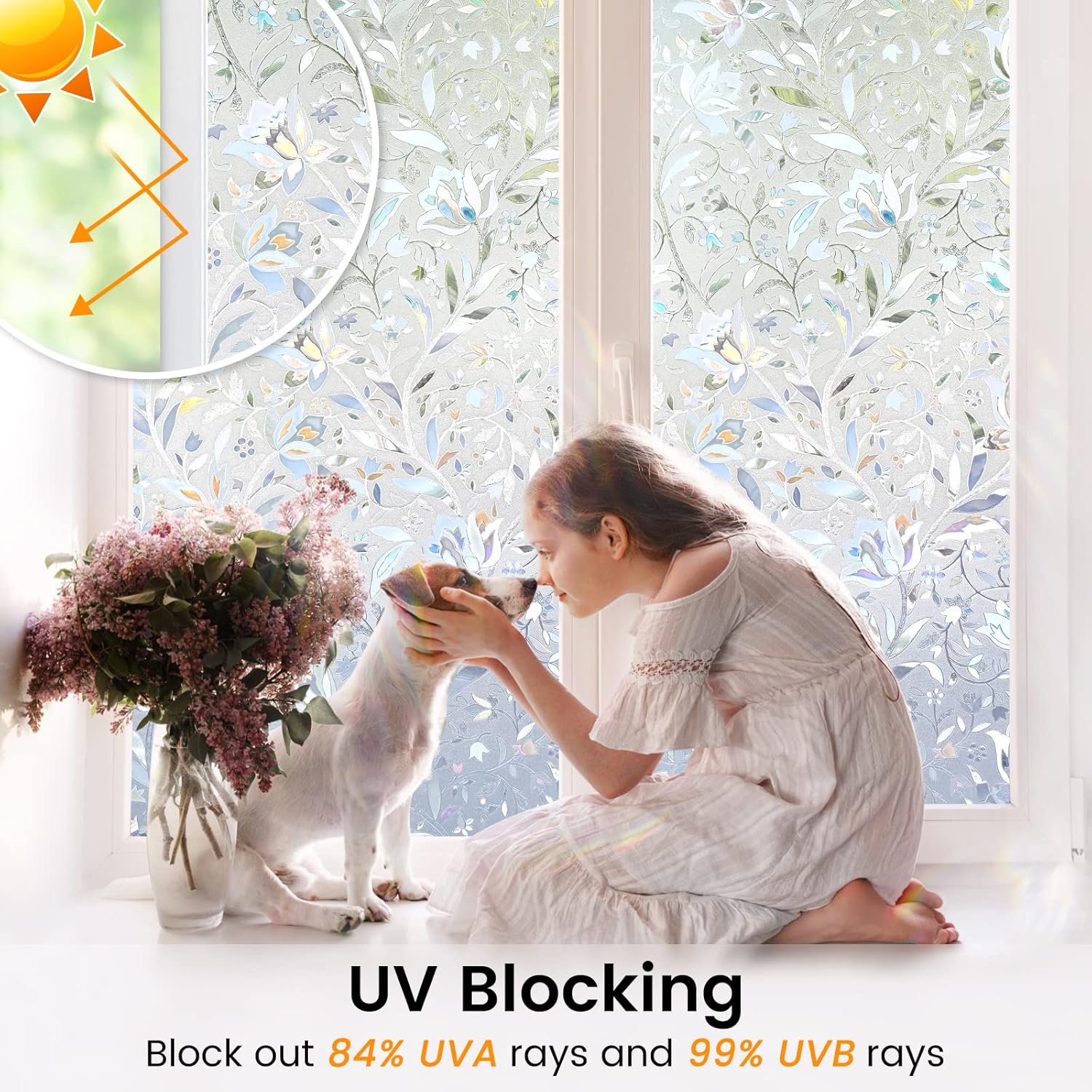 DOWELL Window Privacy Film, 3D Stained Glass Rainbow Films, Decorative Window Vinyl Sun Blocker Door Covering, Static Cling Non-Adhesive Glass Sticker for Home, Blooming Flowers, 23.6"x118.1"