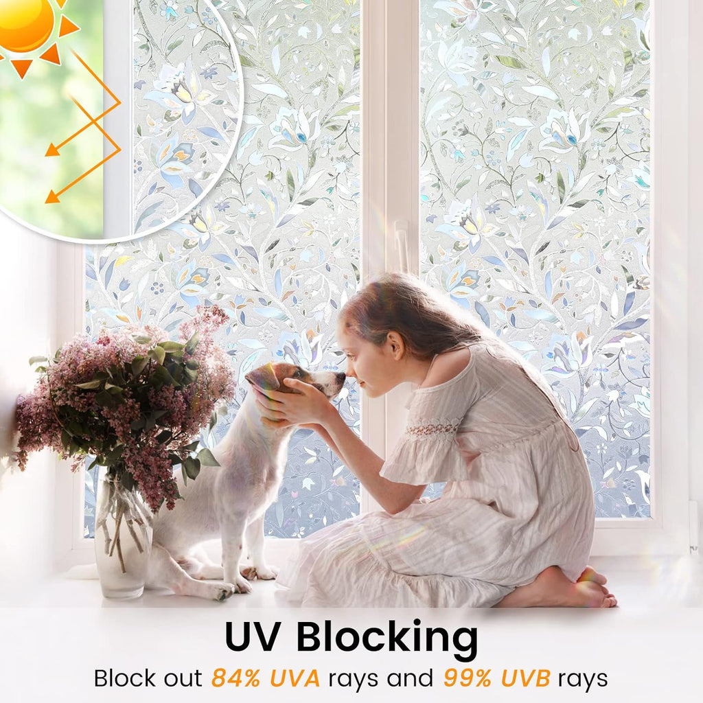 DOWELL Window Privacy Film, 3D Stained Glass Rainbow Films, Decorative Window Vinyl Sun Blocker Door Covering, Static Cling Non-Adhesive Glass Sticker for Home, Blooming Flowers, 23.6"x157.4"