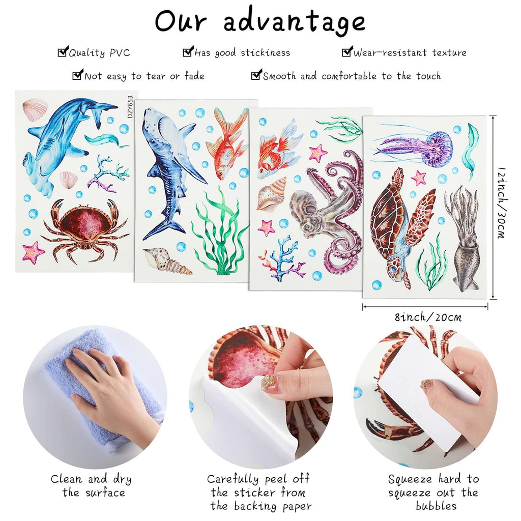 Sabary 4 Pieces Glow in The Dark Ocean Wall Decals Under The Sea Wall Decals Fish Stickers PVC Sea Animals Stickers for Room Living Room Nursery Bathroom Decoration