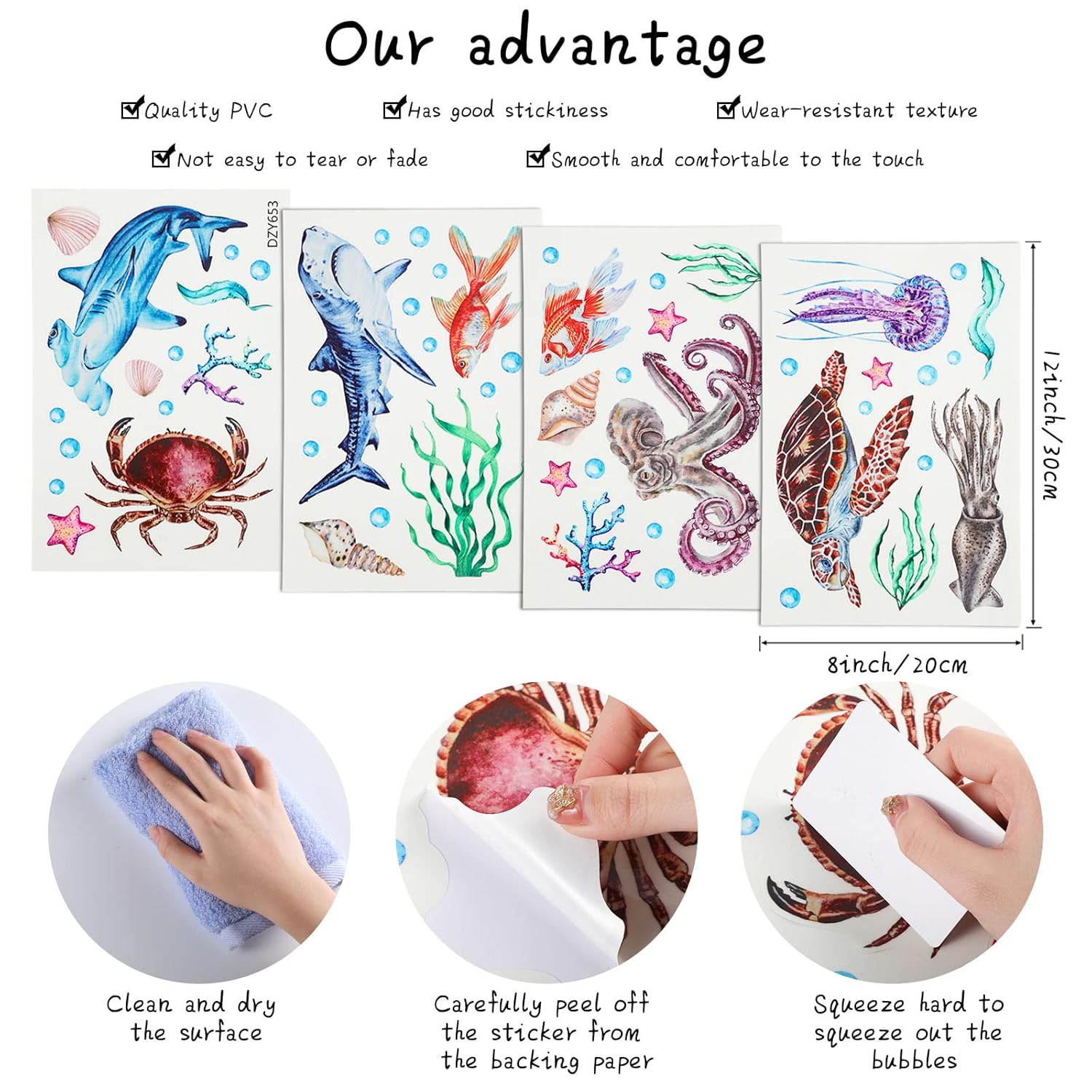 Sabary 4 Pieces Glow in The Dark Ocean Wall Decals Under The Sea Wall Decals Fish Stickers PVC Sea Animals Stickers for Room Living Room Nursery Bathroom Decoration