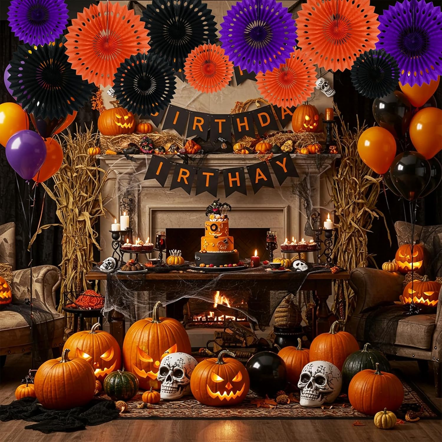 BEISHIDA Black Orange Purple Hanging Honeycomb Round Paper Fans Decoration Set for New Year Baby Shower Halloween Birthday Wedding Photo Booth Backdrops Anniversary Paper Party Supplies 11packs