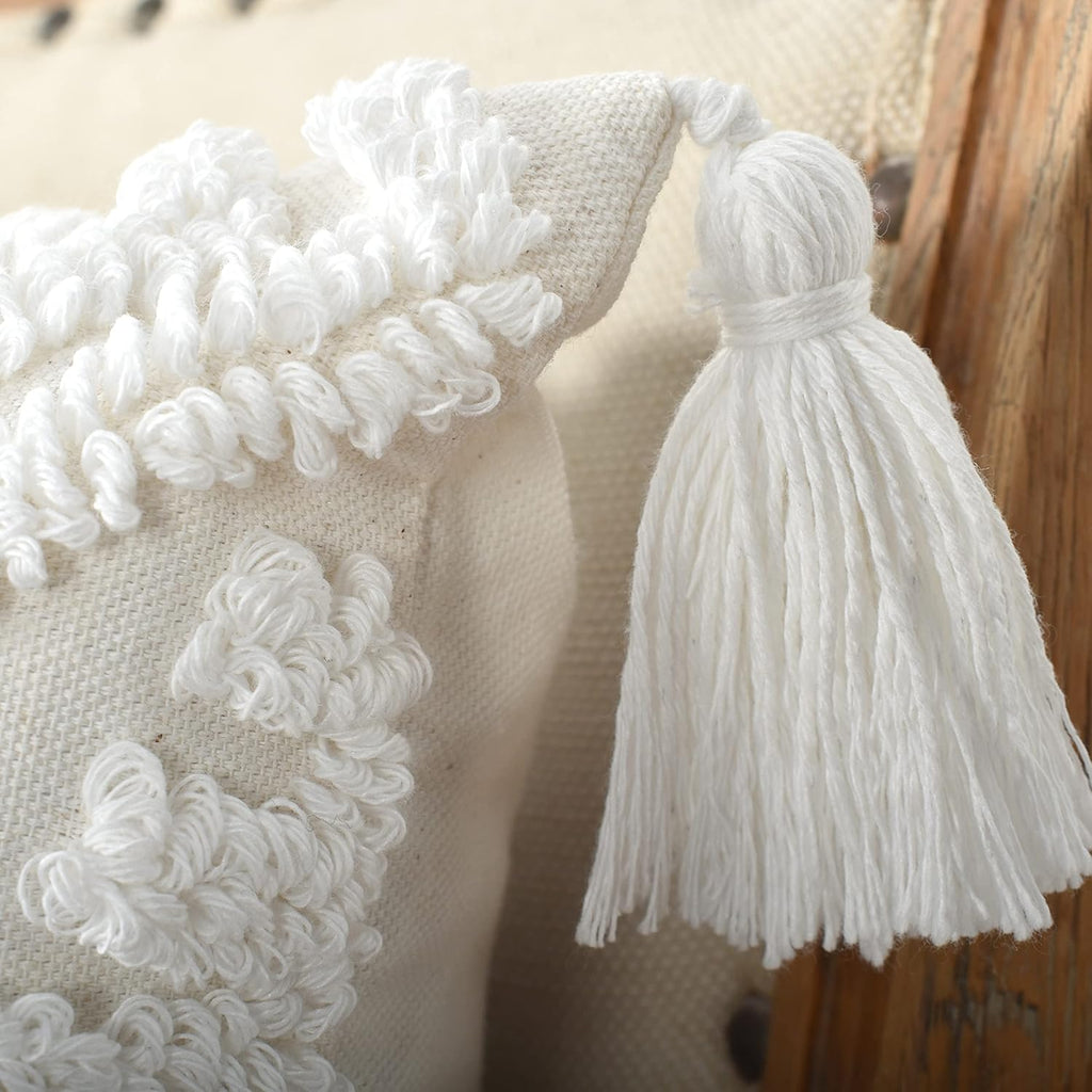 Boho Style Sofa Throw Pillow Covers – Exquisitely Crafted with Hand-Finished Tuft with Thick Cotton Tassel Details – Soft & Stylish Moroccan Decorative, 18x18inch (Spring Ruched)