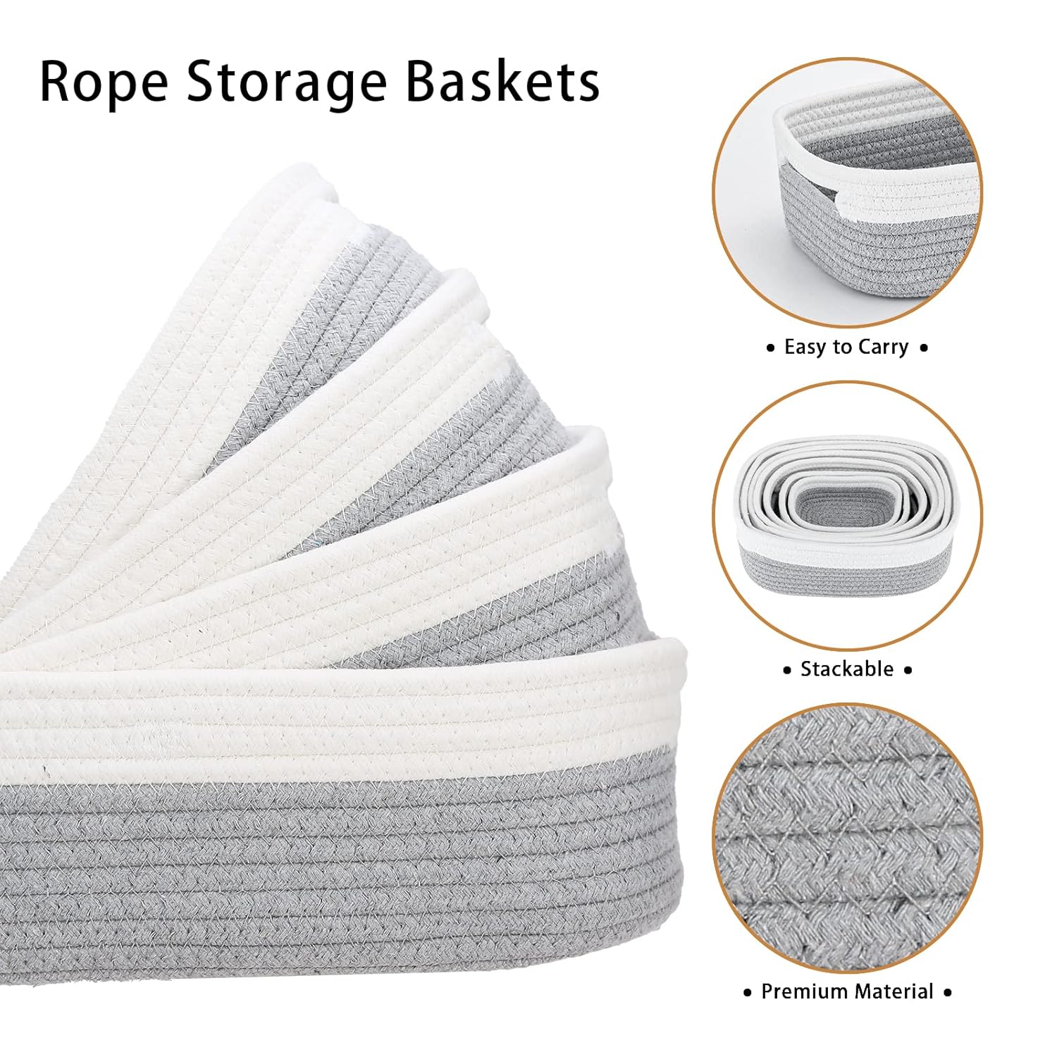 7 Piece Cotton Rope Woven Basket Set - Small Basket for Baby Nursery, Pets, Montessori, Dog & Cat Toy Boxes, Bathroom Organization Bins (White/Gray)