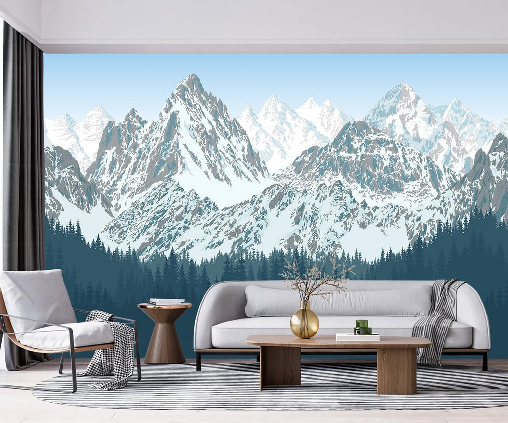 -Forest Snow Mountain Peaks Blue Sky Wallpaper Bedroom Living Room XT09 L 180" x 115"
