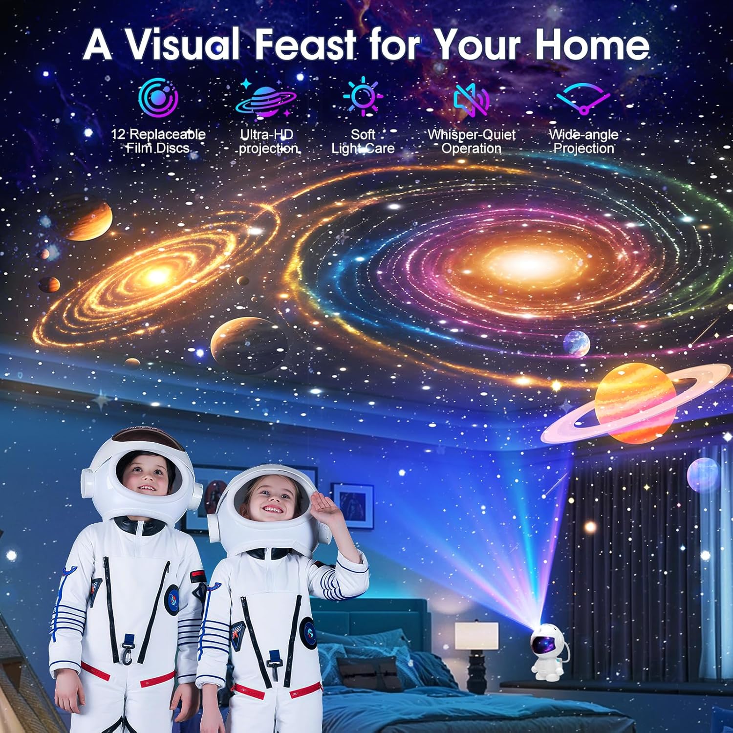 Astronaut Planetarium Projector for Bedroom, 12 Image Discs, Galaxy Projector Star Night Light, Ceiling Mood Lighting, LED Space Galaxy Lamp, Kids Adults Room Decor