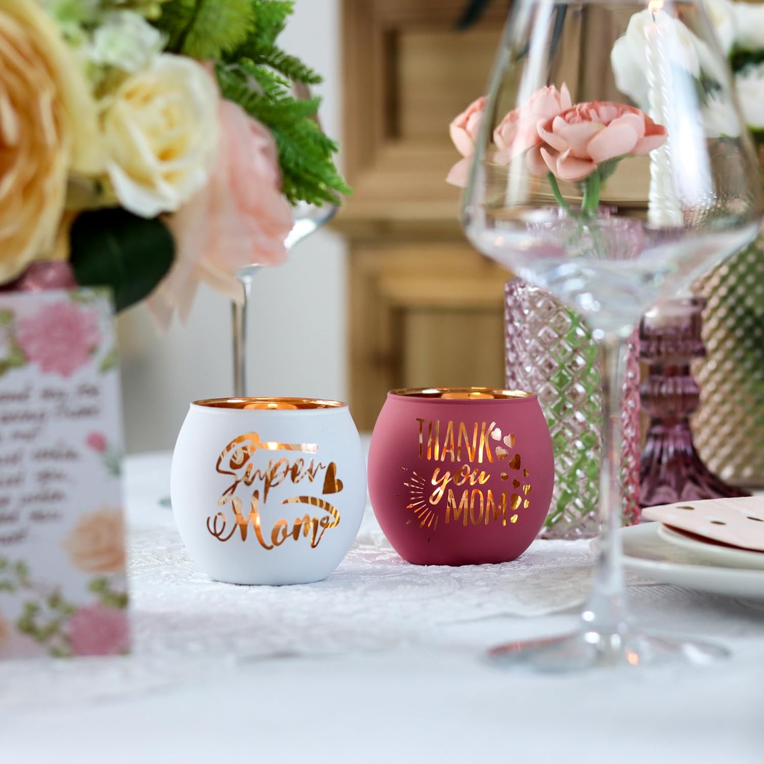 Birthday Gifts for Mom, Delicate Mother Gifts from Daughter Son, Engraved Glass ealight Votive Candle Holder Pink, Mothers Day Christmas Birthday Gifts for Mom, Ideas 6PCS