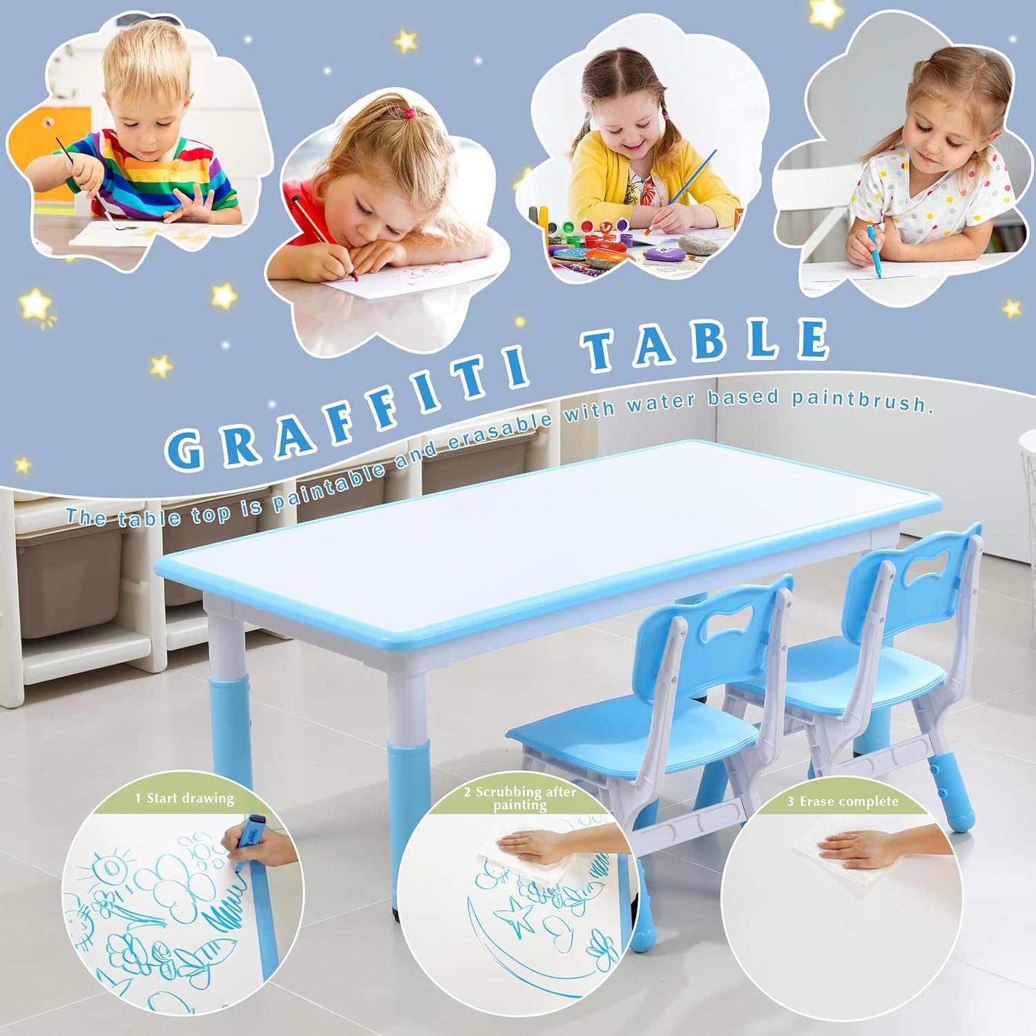 Kids Table and 6 Chairs Set with Graffiti Desktop, Toddler Furniture Set, Non-Slip, Table Children Study Desk, Dining Table, Height Adjustable Desk, Painting Desktop for Kids (47.2x23.6Inch)
