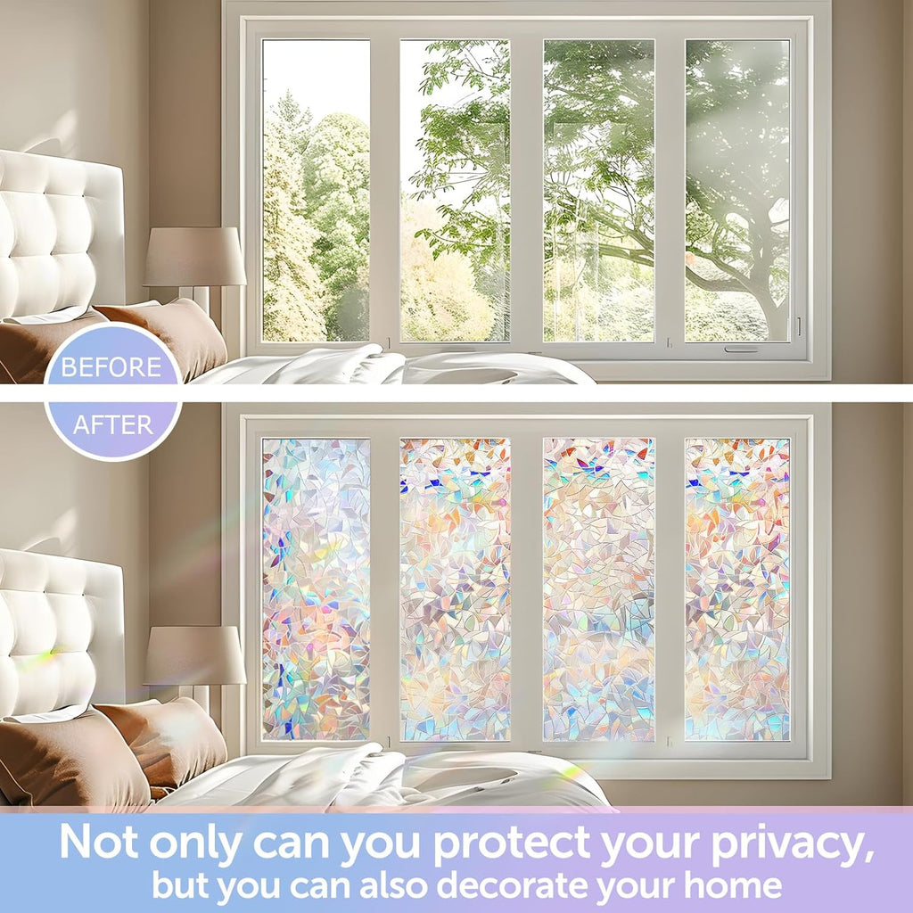 HIDBEA Window Privacy Film Non-Adhesive Static Cling Stained Glass Window Film Rainbow Glass Stickers Reusable Anti UV 3D Decorative Window Film for Home Door, 17.3 x 78.7 Inch
