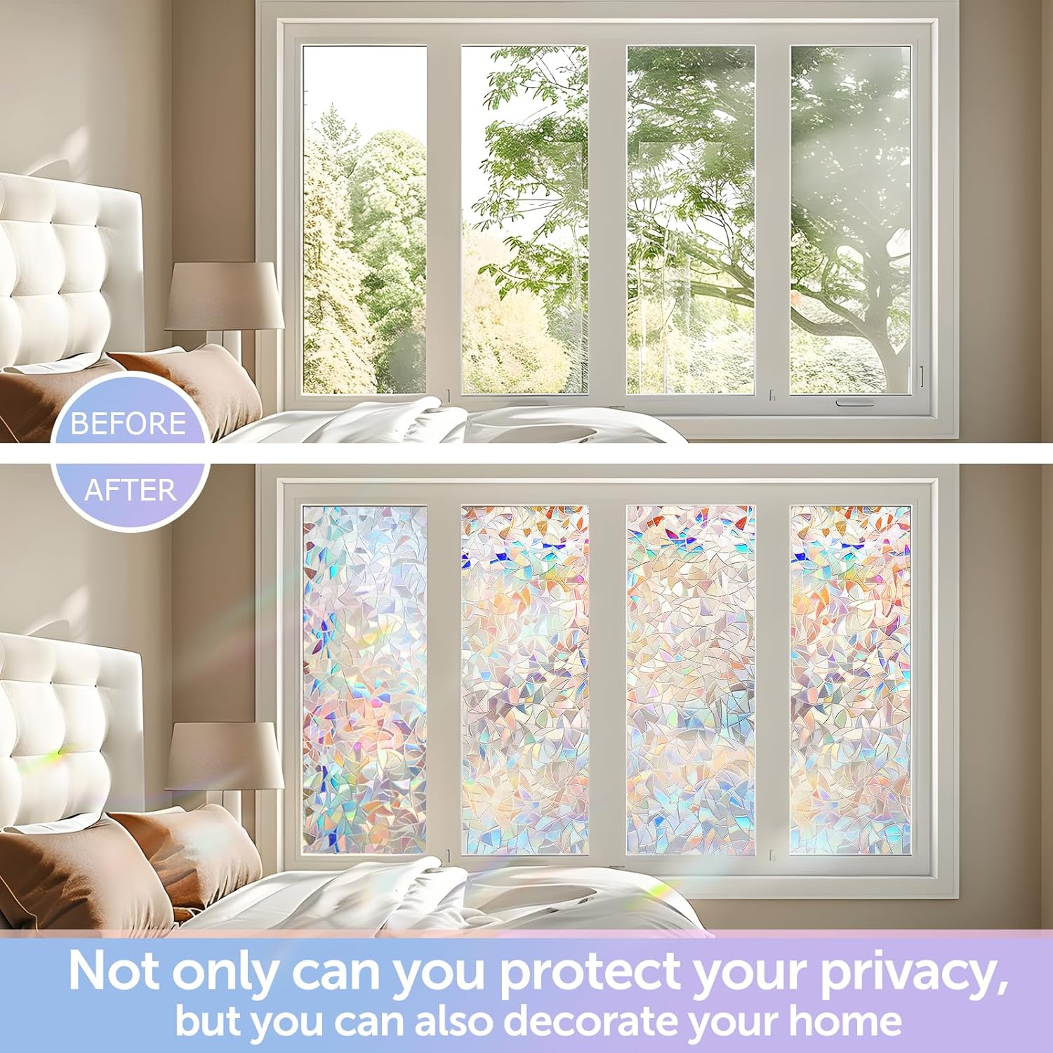 HIDBEA Window Privacy Film Non-Adhesive Static Cling Stained Glass Window Film Rainbow Glass Stickers Reusable Anti UV 3D Decorative Window Film for Home Door, 17.3 x 78.7 Inch