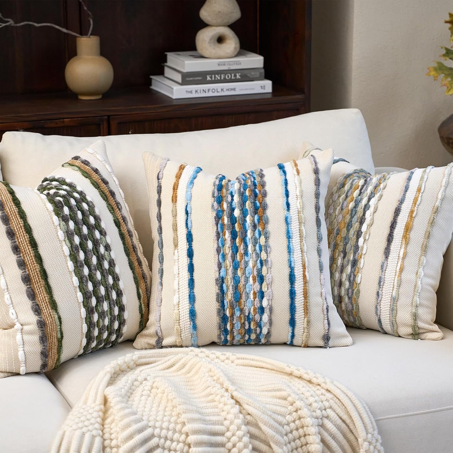 Aeckself Boho Pillow Covers 18x18 Inch Set of 2, Farmhouse Decorative Striped Square Chenille Tufted Accent Neutral Throw Pillow Covers for Living Room Couch Bed, Sky Blue