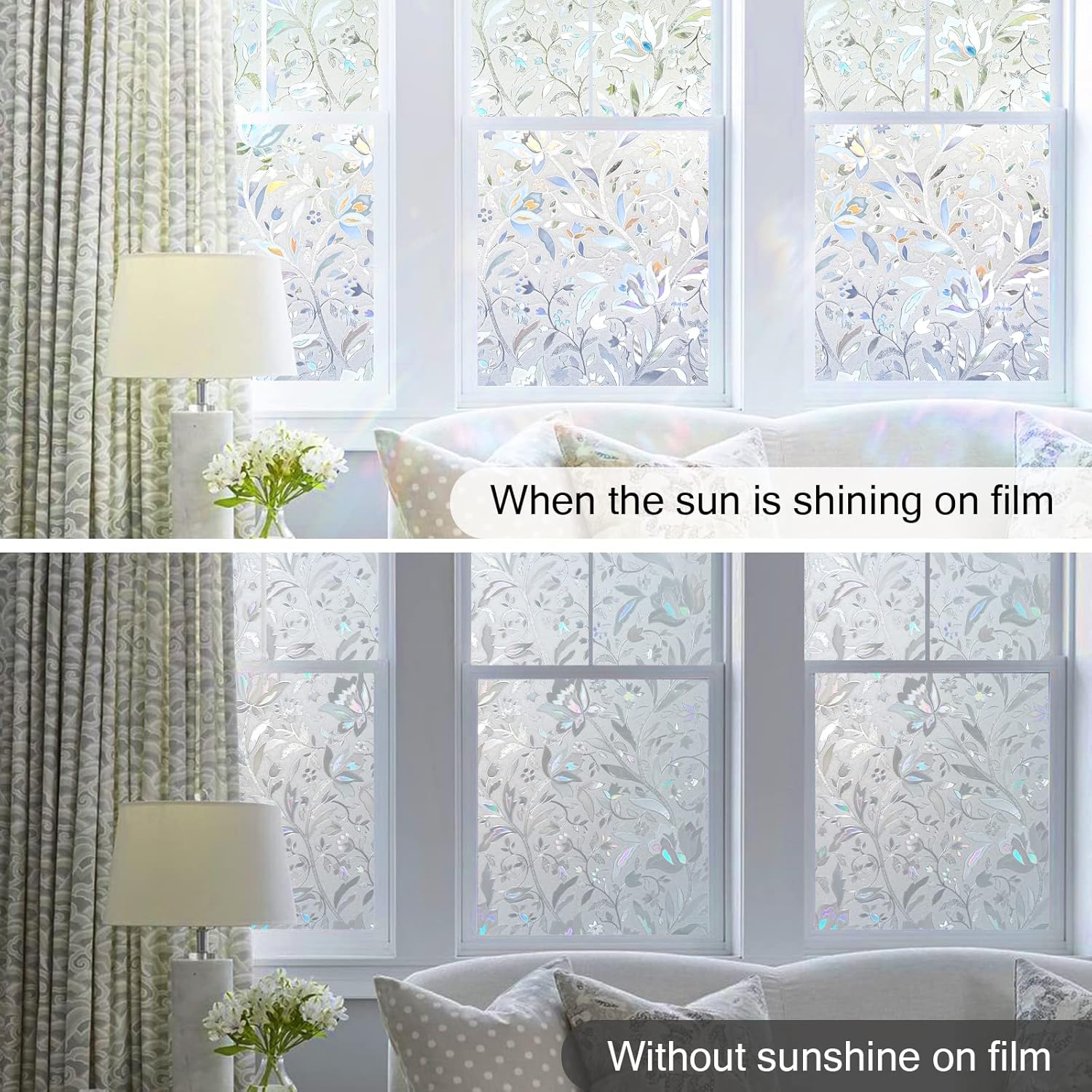 DOWELL Window Privacy Film, 3D Stained Glass Rainbow Films, Decorative Window Vinyl Sun Blocker Door Covering, Static Cling Non-Adhesive Glass Sticker for Home, Blooming Flowers, 23.6"x157.4"