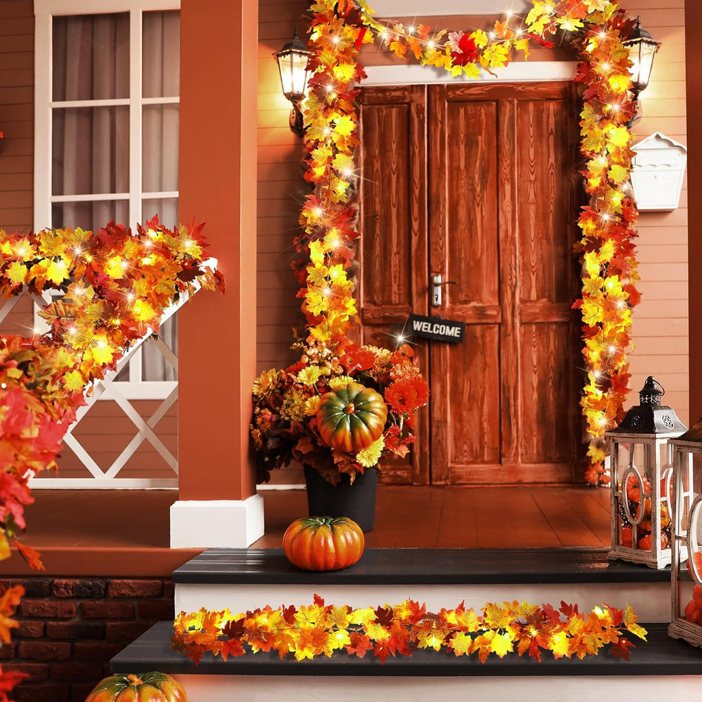 Aneco 2 Pack 5.74 Feet Each Maple Leaves Garlands with 8 Lighting Modes LED String Lights Artificial Maple Leaf Fall Decorations for Home Indoor Outdoor Thanksgiving Halloween Decor, Total 11.5 Feet