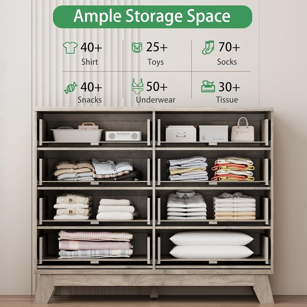 Fluted Dresser for Bedroom with 8 Drawers, 48" Wide Modern Chest of Drawers with Metal Handle, Wooden Dresser TV Stand, Wood Closet Clothes Storage Drawer Organizer for Living Room, Hallway, Grey