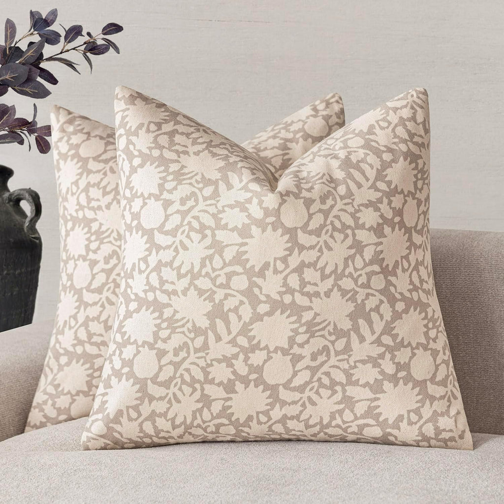 Foindtower Set of 2 Decorative Neutral Floral Throw Pillow Covers Accent Farmhouse Cushion Covers Boho Vintage Pillowcase for Couch Sofa Bedroom Living Room Home Decor Outdoor,18×18 Inch,Ivory Beige