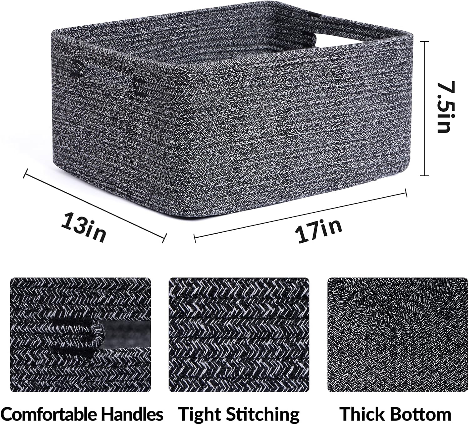 Large Storage Baskets for Shelves, Closet Organizers Bins for Clothes Blanket Towels, Baby Nursery, Toy Baskets Box, Woven Rope Baskets, 17 x 13 x 7.5”, 3 Packs Dark Gray