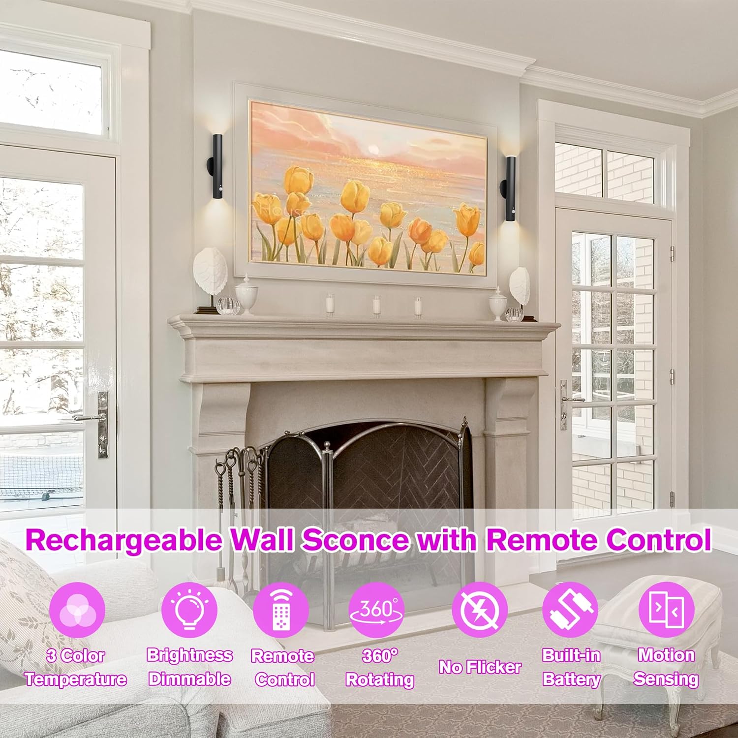 Battery Operated Wall Sconce Set of Two, Rechargeable Wall Lights with Motion Sensor, Remote Control, Dimmable Metal Magnetic Wall Lamp for Decor, Bedroom, Night Light (Black, 2 Pcs)