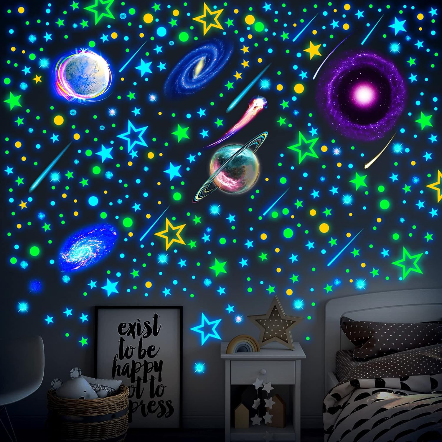 Spakon 495 Pcs Glow in The Dark Moons and Stars Wall Decals for Ceiling,Glowing Planets Wall Stickers Removable Galaxy Solar System Space Decal Nursery Stickers for Kids Bedroom Living Room Decor