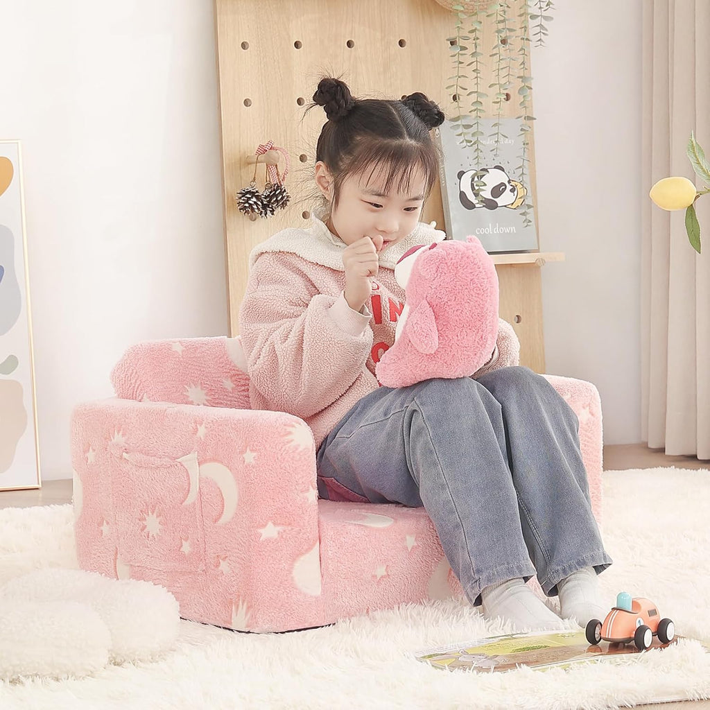 Welnow 2-in-1 Kids Sofa Chair, Glow in The Dark Convertible Toddler Chair Flip Out Children Sofa Chair Folding Kids Play Sofa with Side Pockets & Removable Cover Armrest Chair for Girl or Boy
