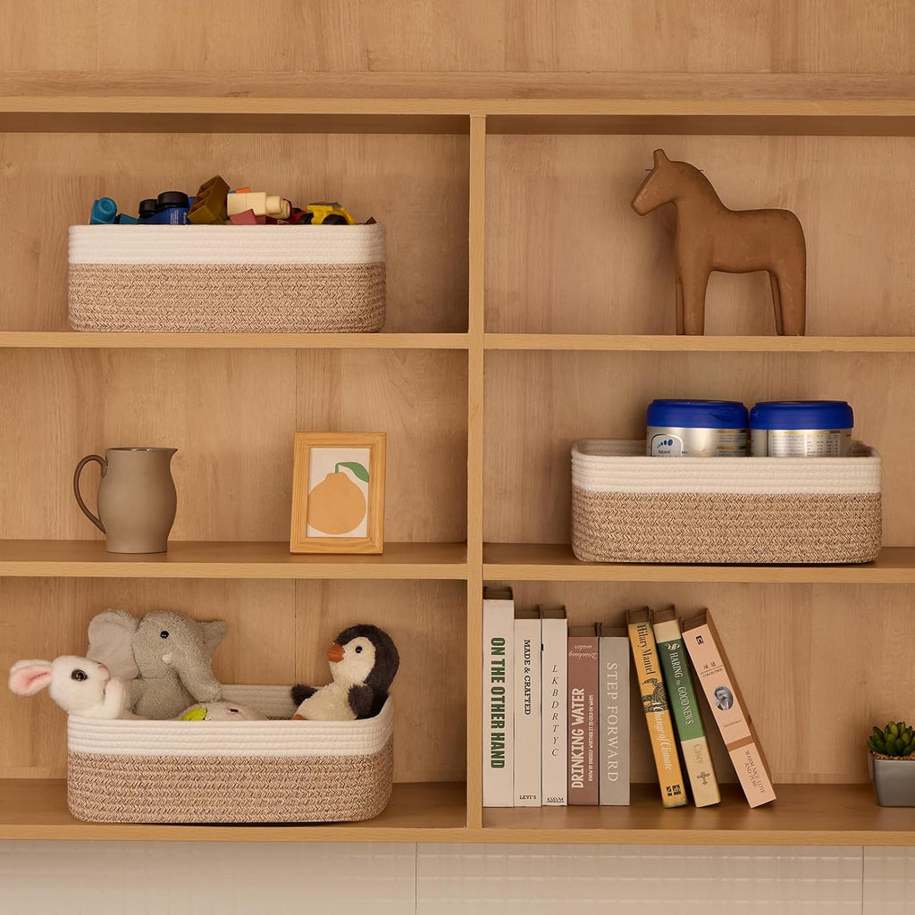 Large Shallow Organizing Baskets 15x11x5.1 Inches - Rope Woven Storage Bins for Bathroom, Shelves, Cube Closet, White Mixed Brown 2 Packs