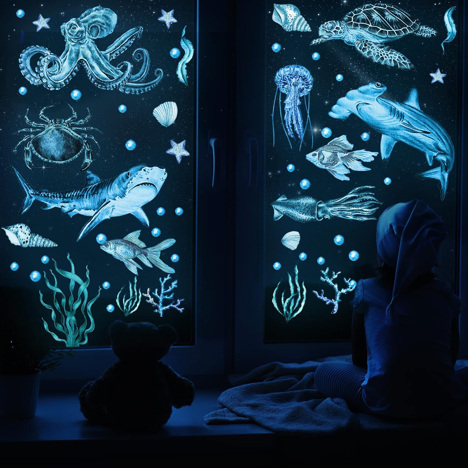Sabary 4 Pieces Glow in The Dark Ocean Wall Decals Under The Sea Wall Decals Fish Stickers PVC Sea Animals Stickers for Room Living Room Nursery Bathroom Decoration